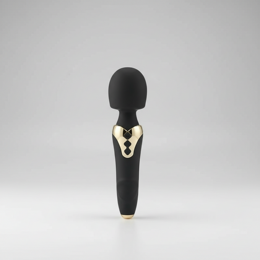 Black and gold handheld device on a gray background