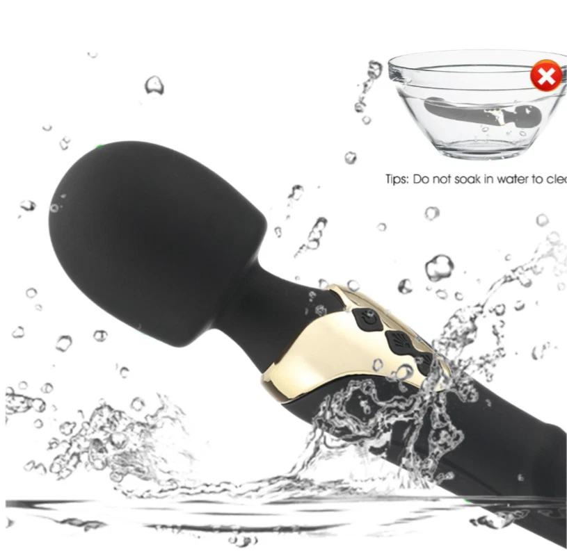 Black and gold microphone with water splashes and cleaning instructions on a white background