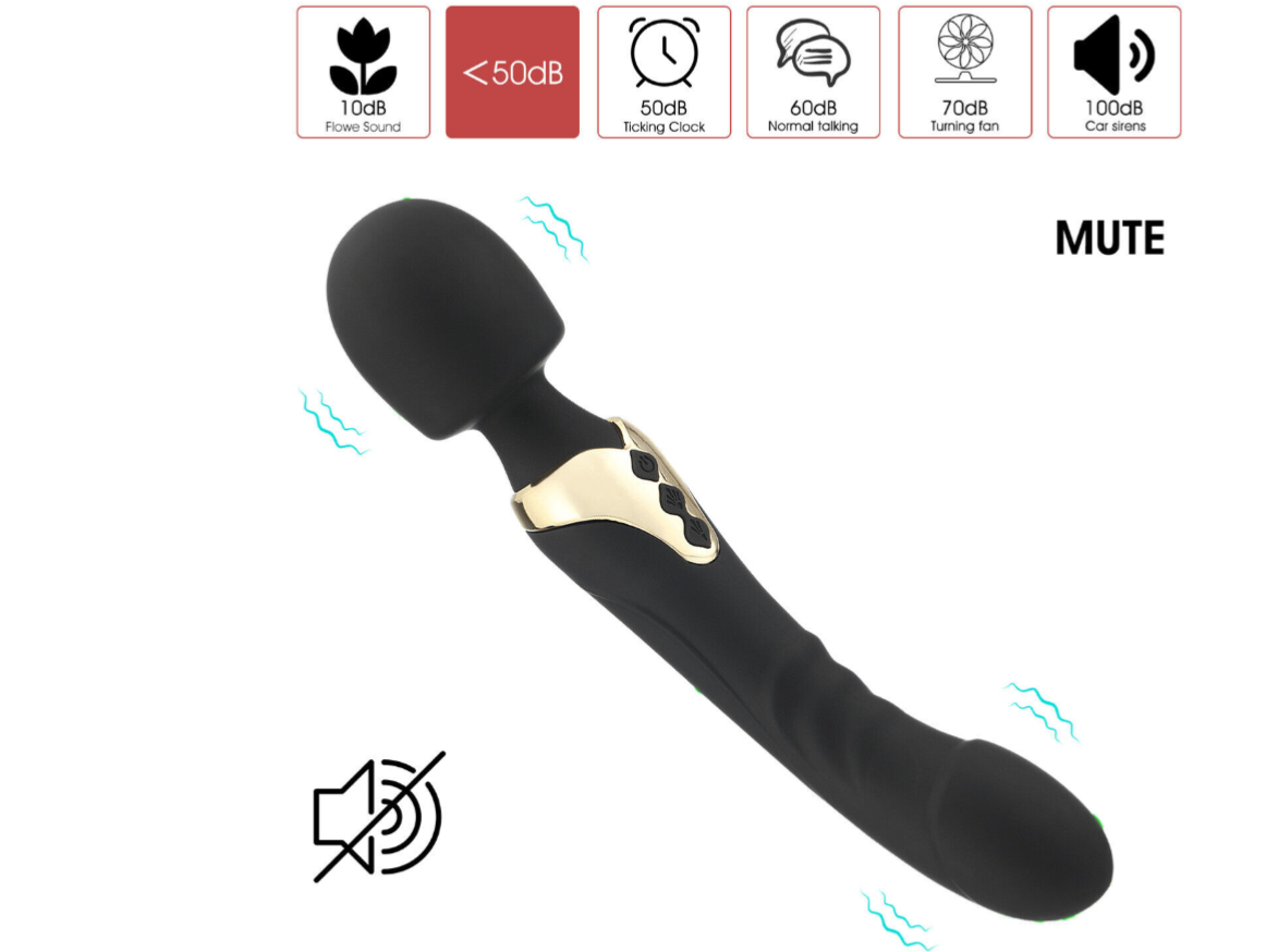 Black handheld massager with gold accents on a white background, featuring various icons and text.