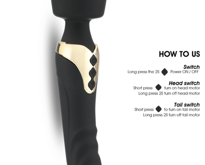 Black and gold electronic device with control instructions on a white background