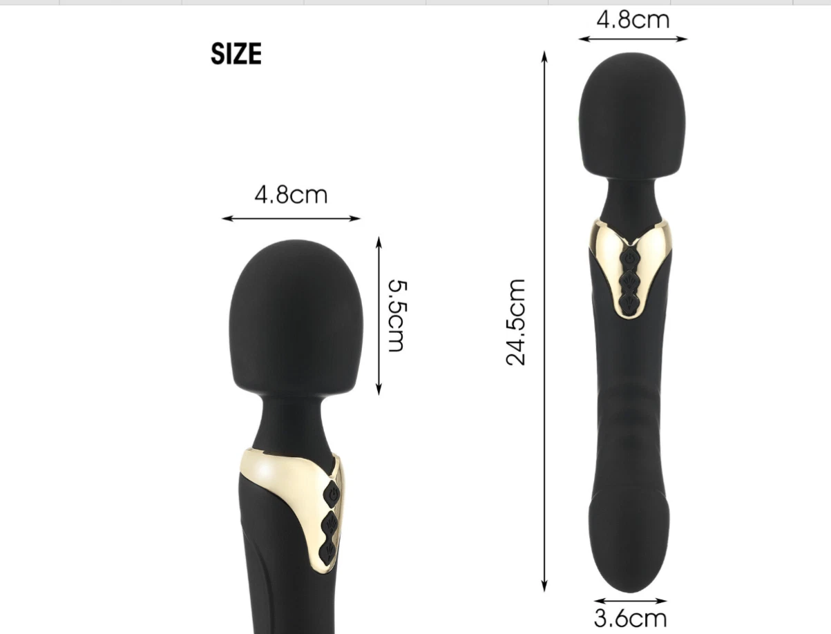 Black and gold product with measurements on a white background