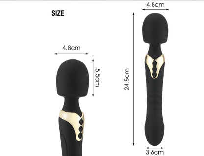 Black and gold product with measurements on a white background