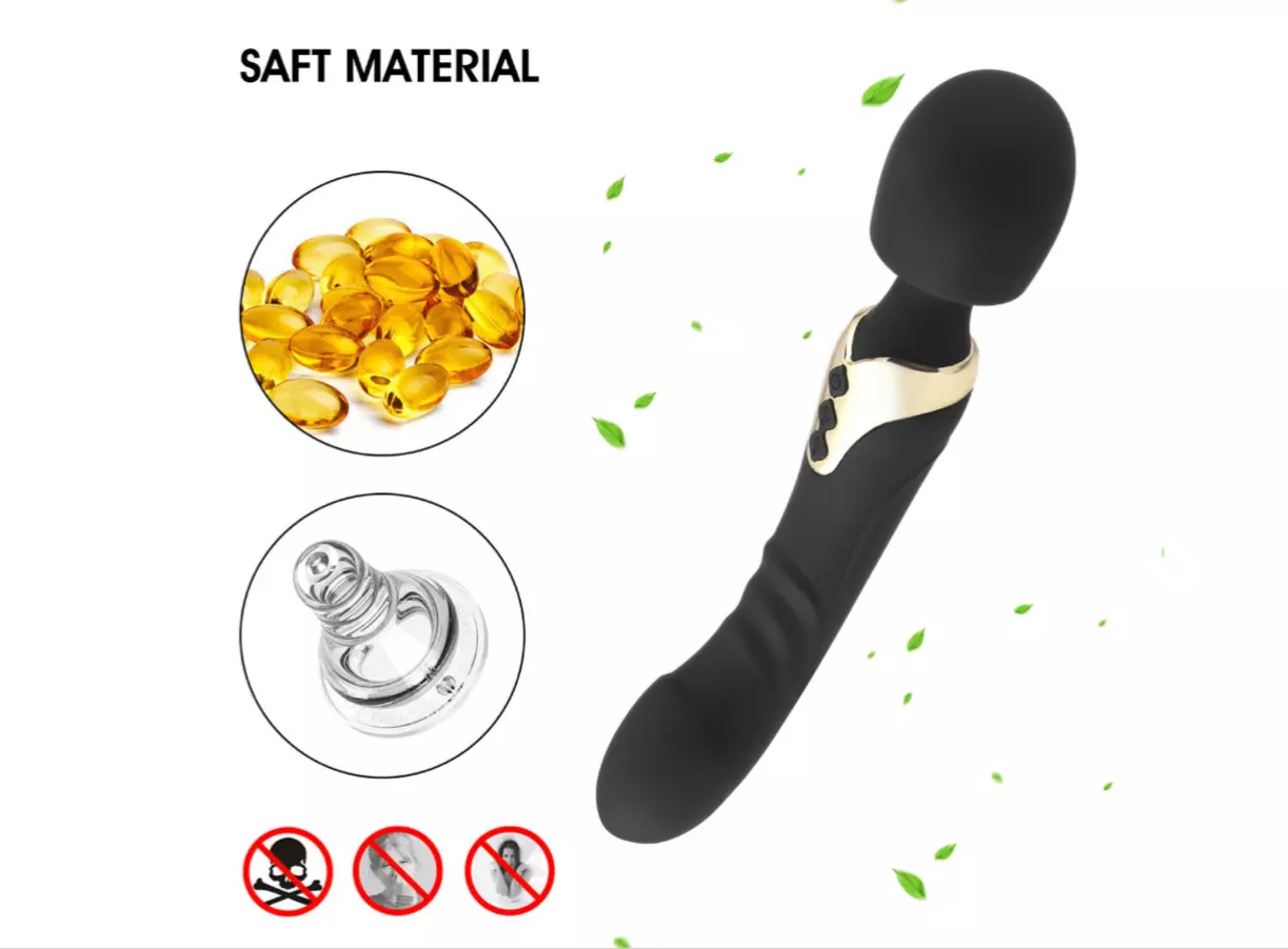 Black silicone product with safety material icons and images on a white background