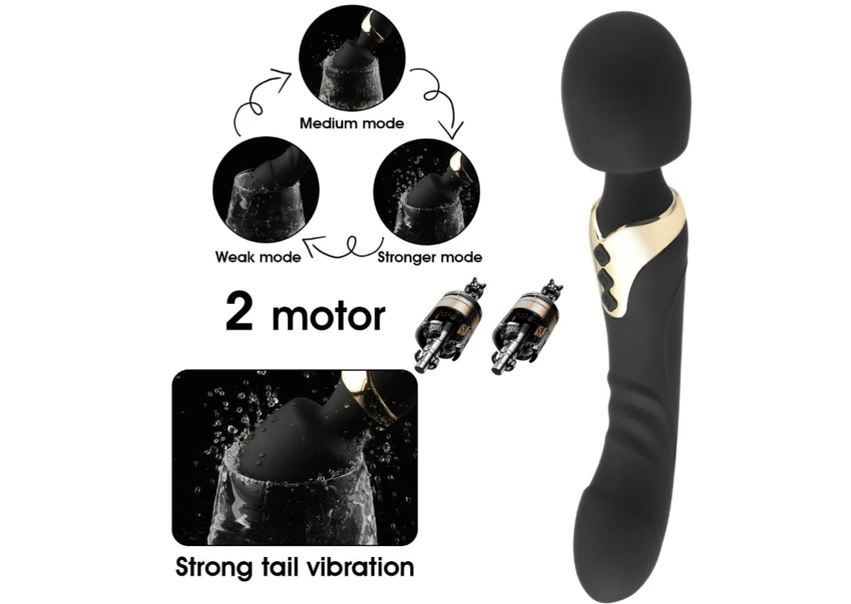 Black and gold massage gun with mode indicators and vibration details on a white background