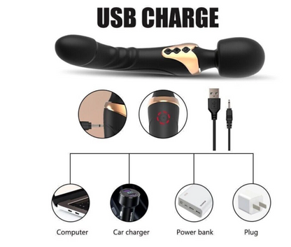 Black and gold USB chargeable device with charging options on a white background