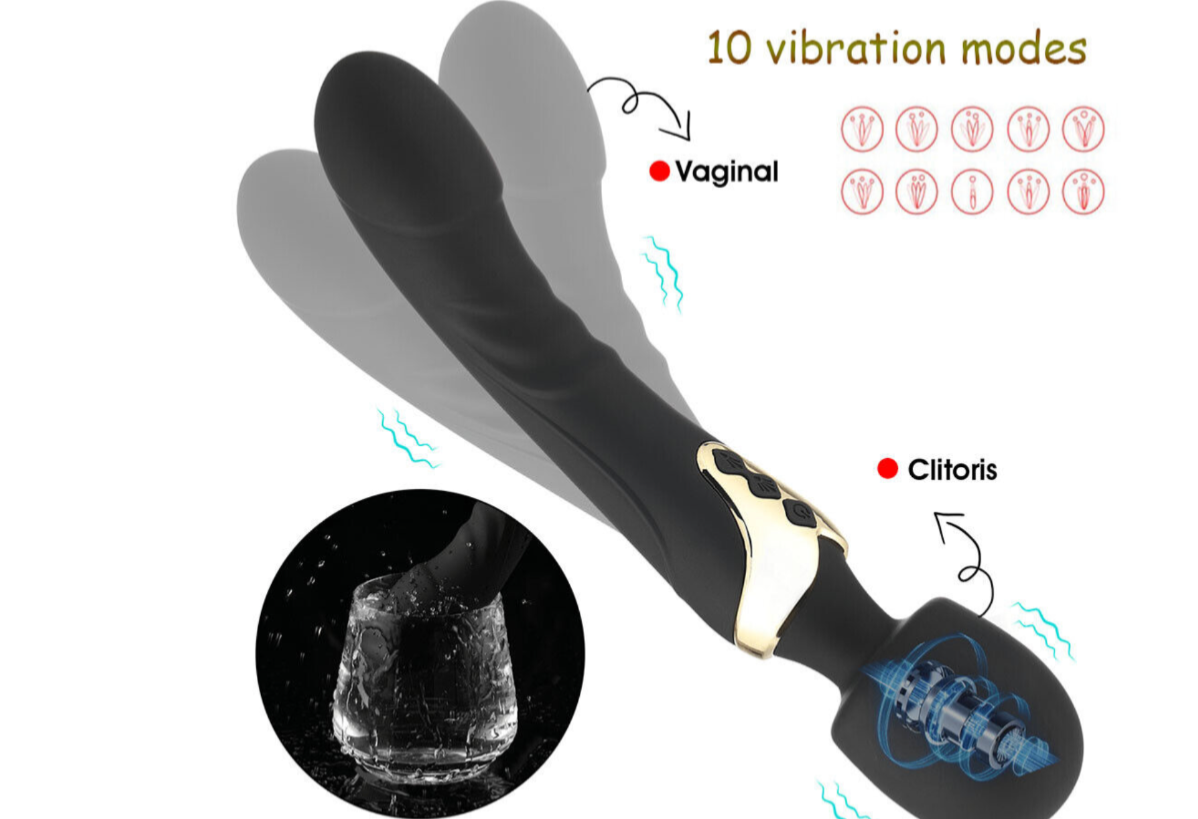 Black and gold device with 10 vibration modes labeled on a white background