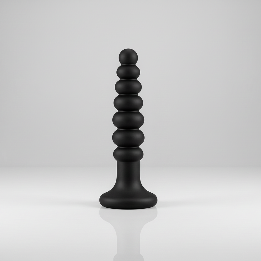 Black, cylindrical object with stacked spheres on a white background