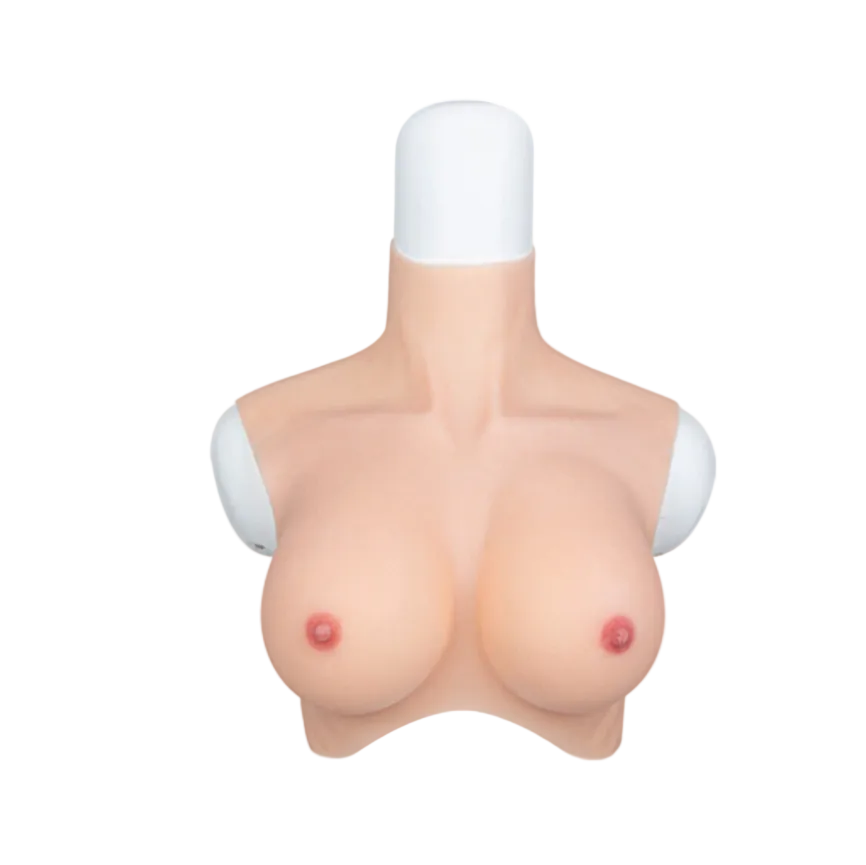 Mannequin torso with breasts on a white background