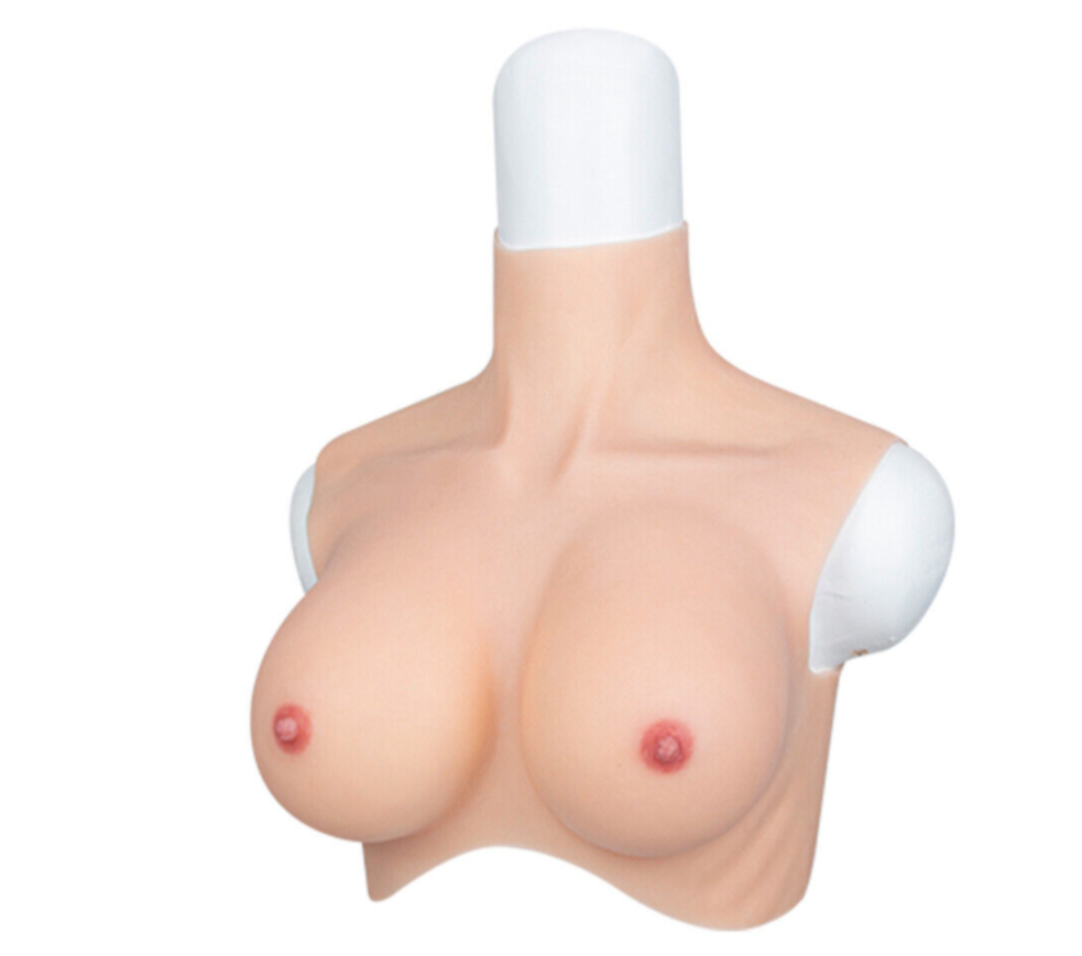 Mannequin bust with silicone乳房 on a white background
