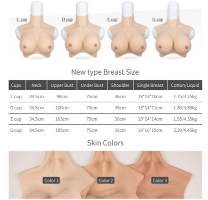 Illustrations of different cup sizes with measurements and skin color options.