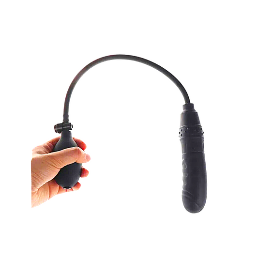 Black handheld device with a flexible hose on a white background