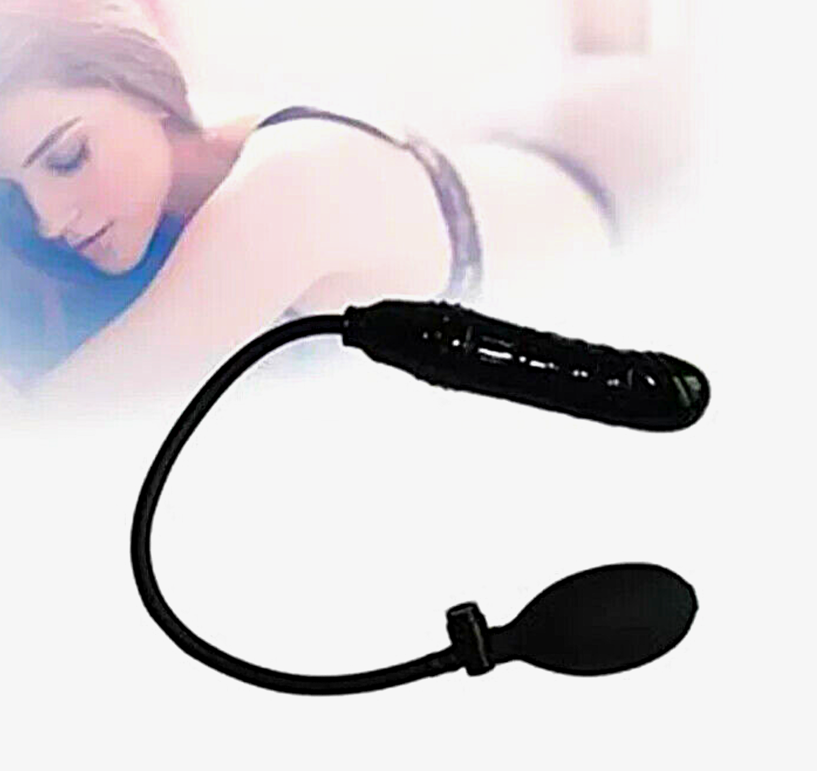 Black flexible tool on a white background with a blurred figure in the background.