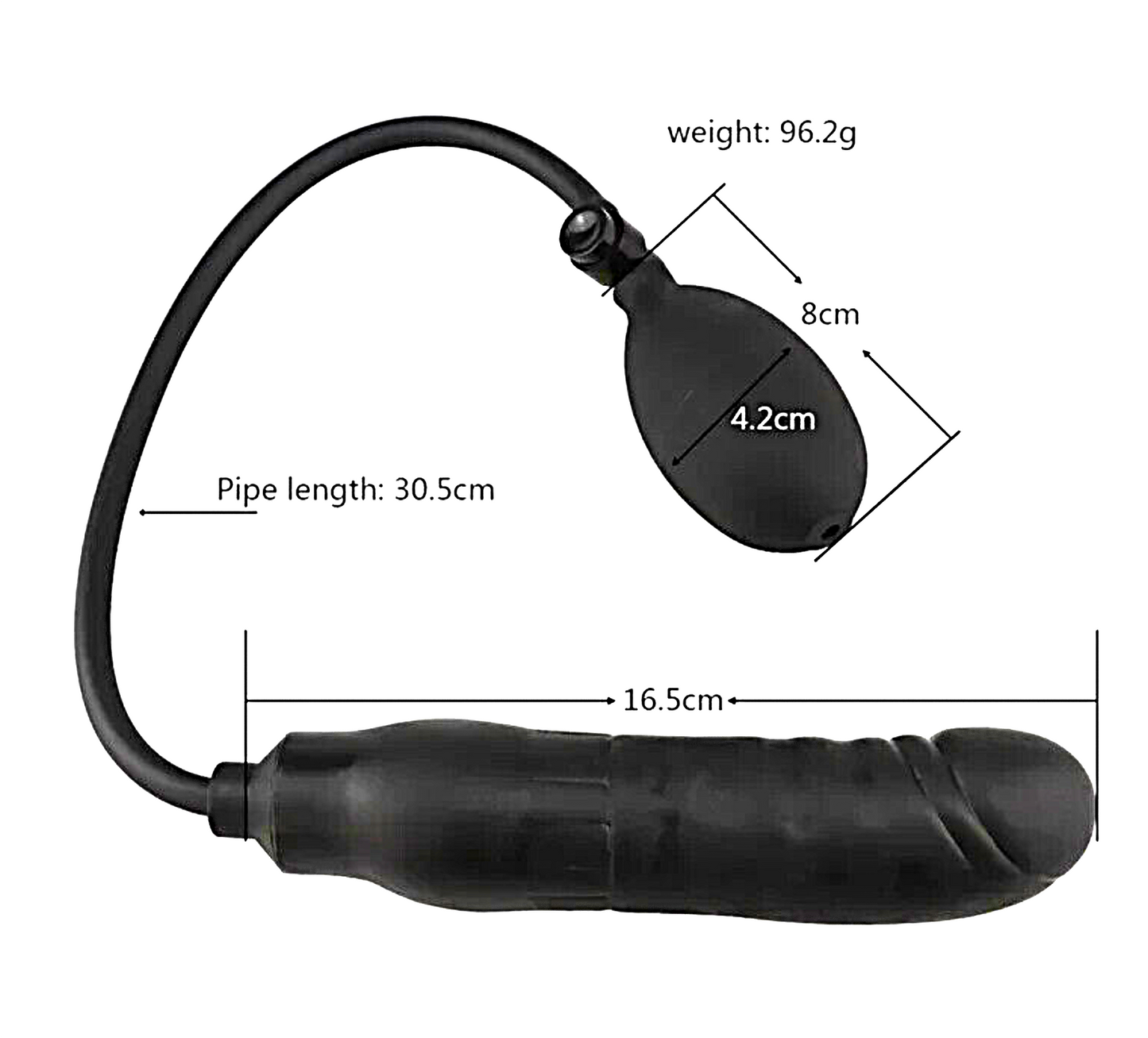 Black inflatable tube with measurements on a white background