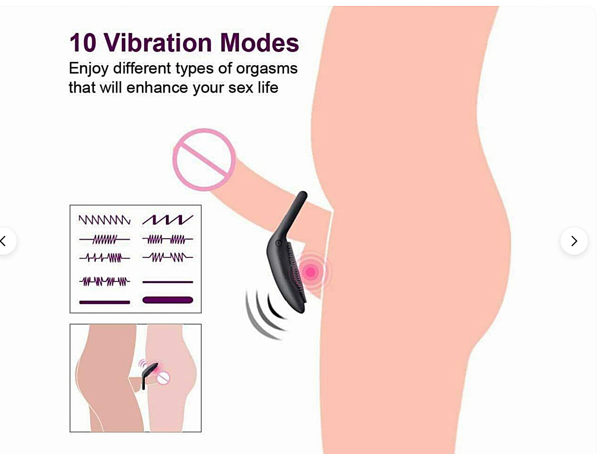 Product advertisement with text about 10 vibration modes and a visual of a device on a person's leg.
