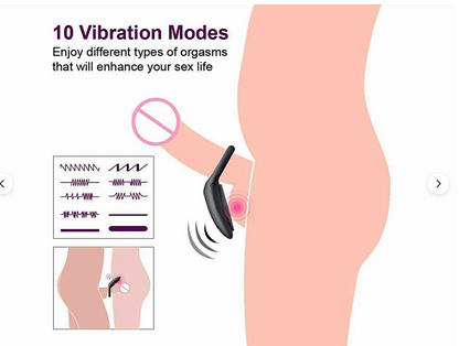 Product advertisement with text about 10 vibration modes and a visual of a device on a person's leg.