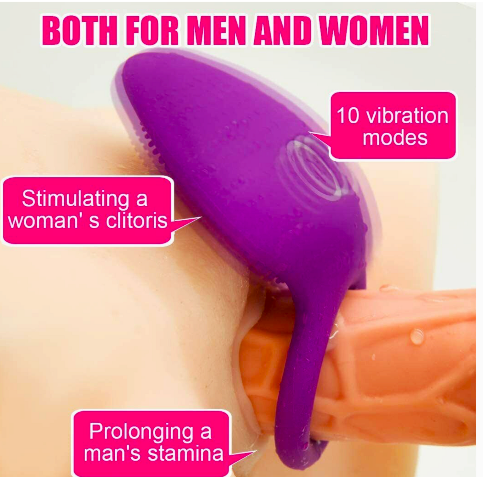 Purple and orange device with text about vibration modes and effects on sexual health.