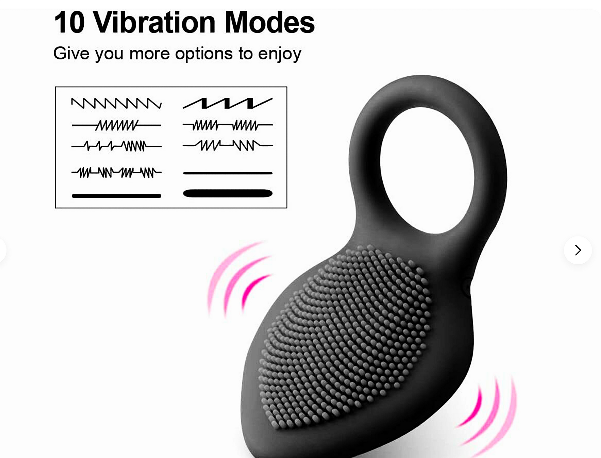 Black vibration device with 10 vibration mode options on a white background