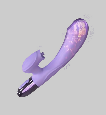 Purple and black device with a glowing interior on a light gray background