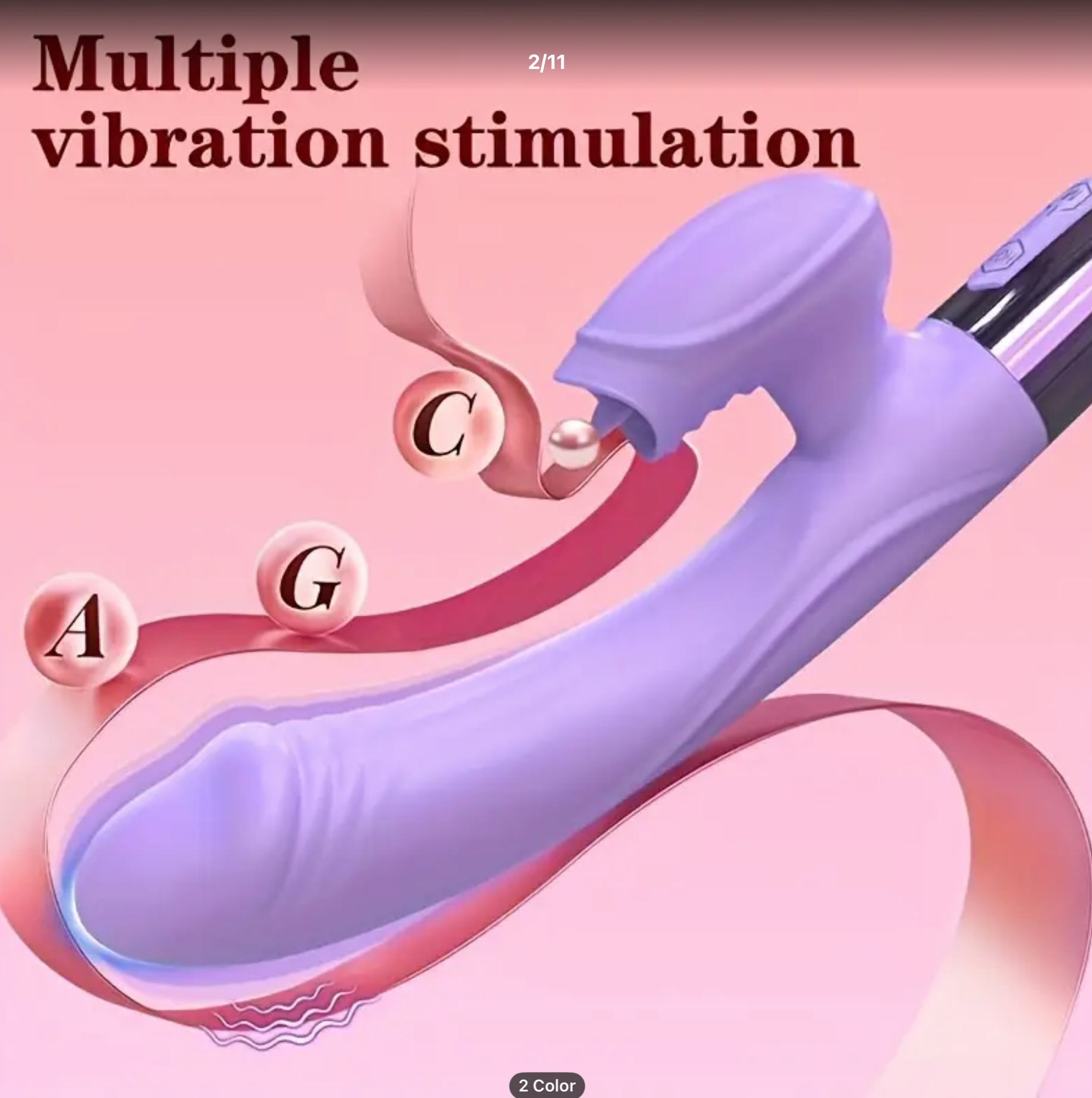 Purple device with text 'Multiple vibration stimulation' on a pink background