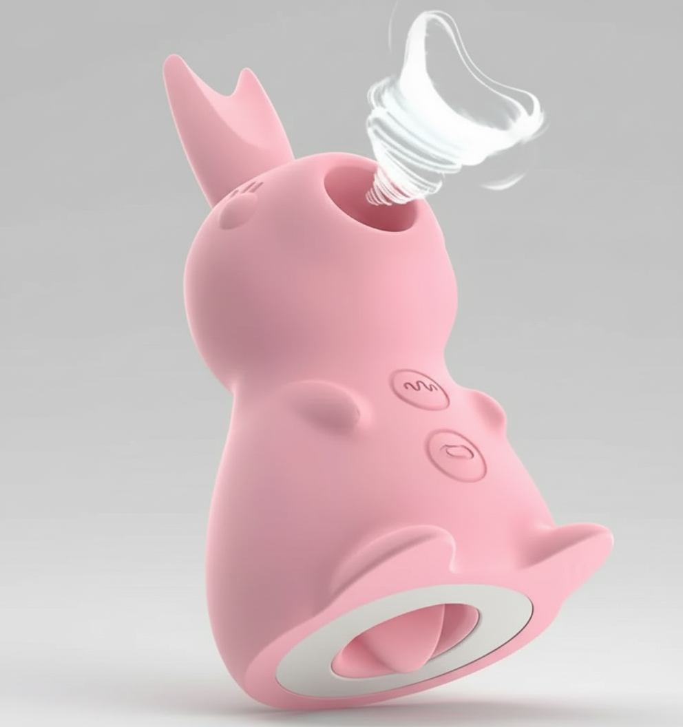 Pink rabbit-shaped device with a clear nozzle on a gray background