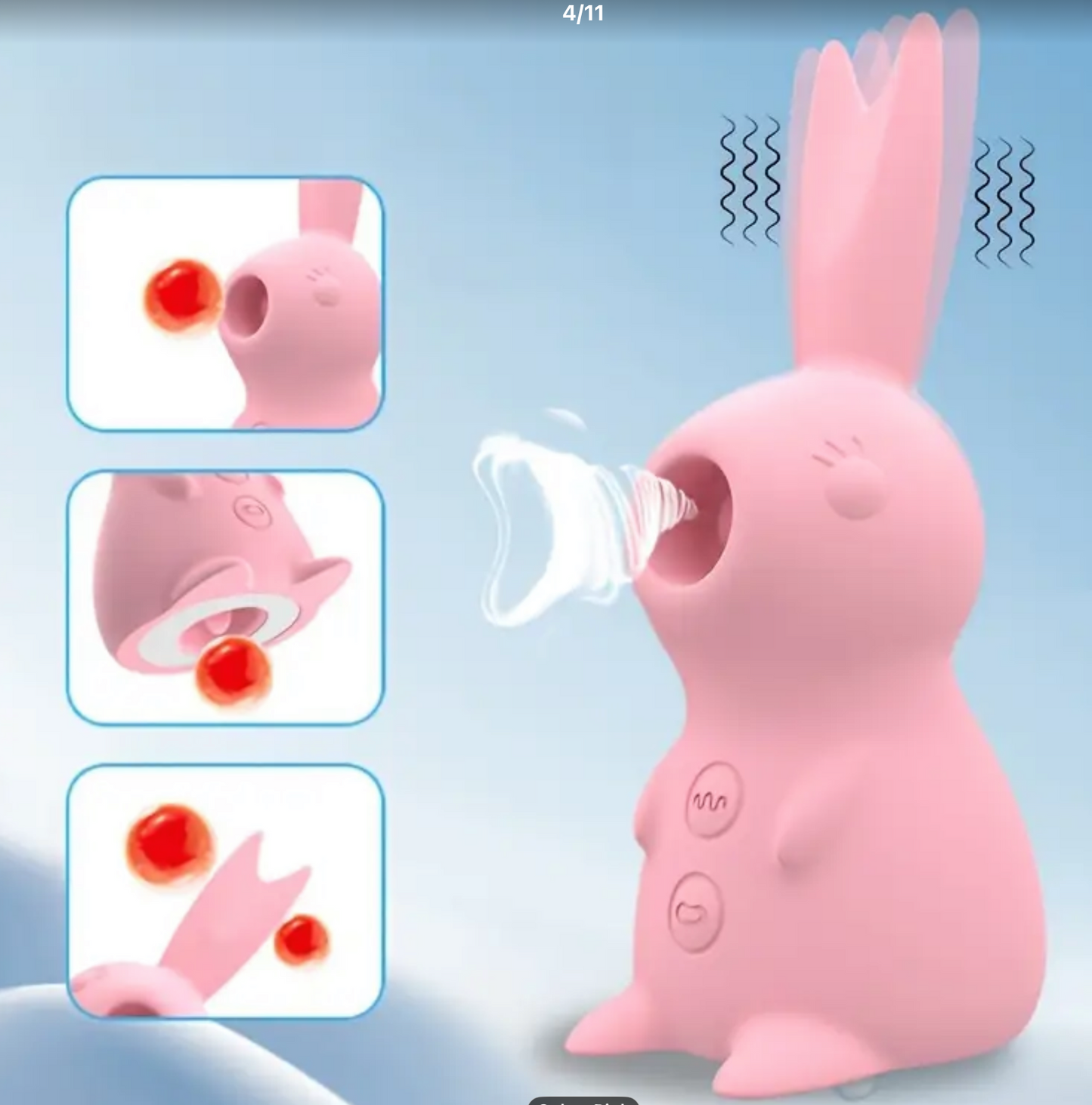 Pink rabbit-shaped device with a nozzle, likely for cleaning purposes, on a light blue background.