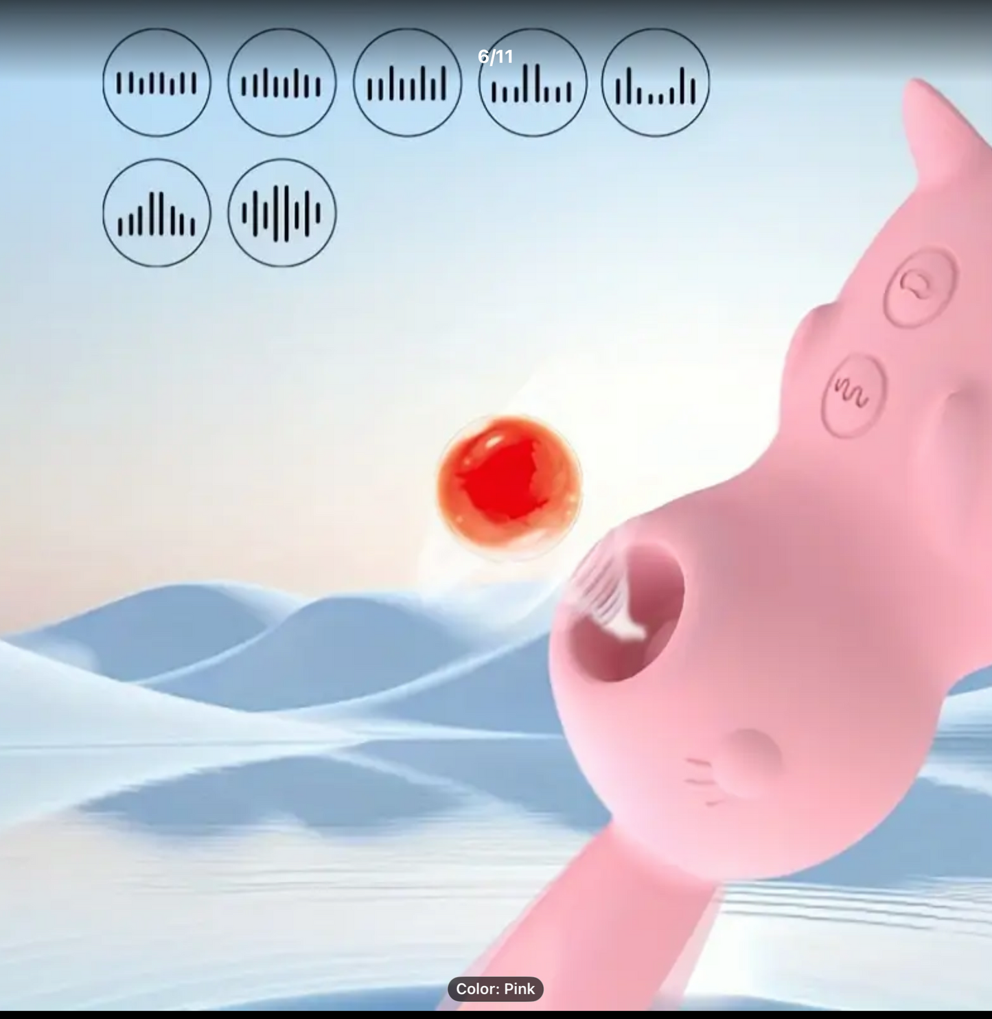Pink electronic device with a digital display on a scenic background