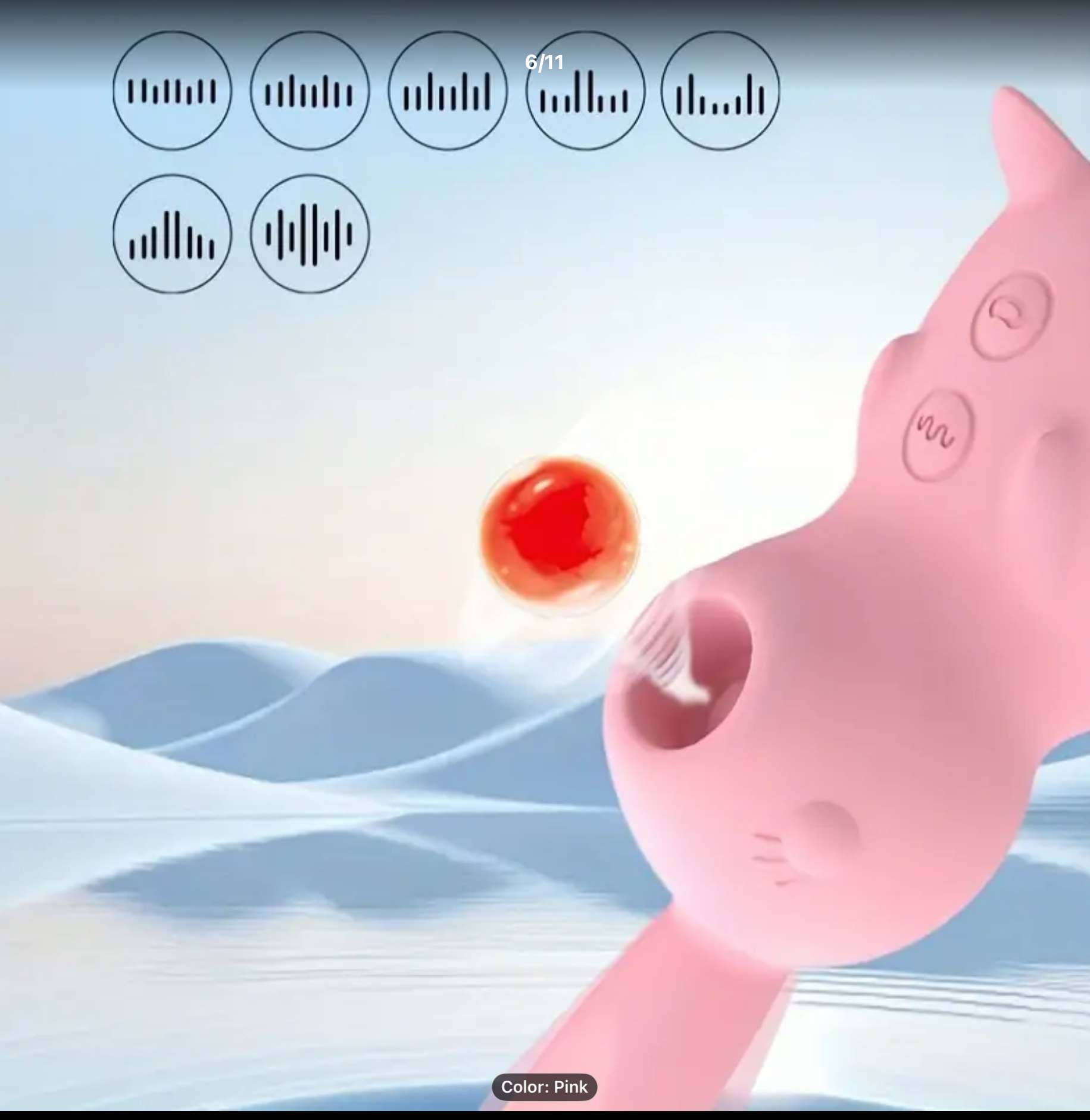 Pink electronic device with a digital display on a scenic background