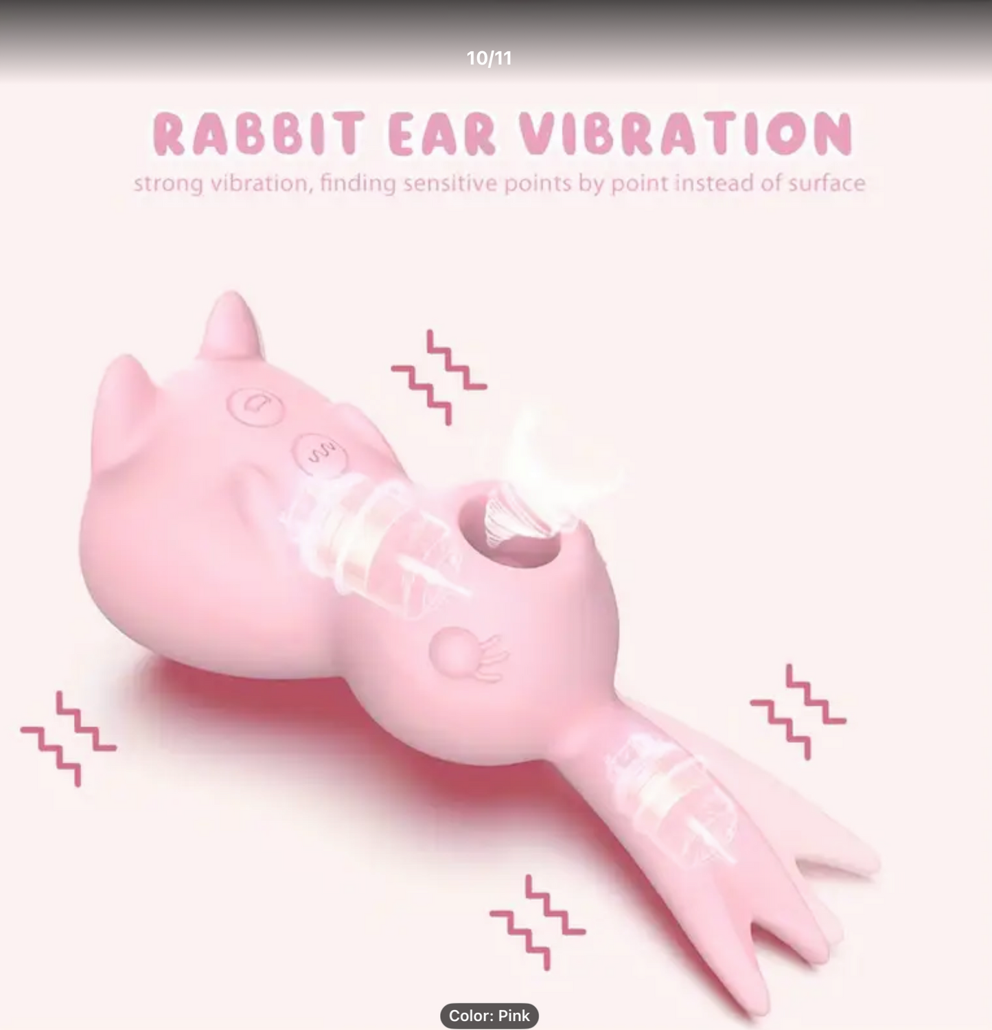 Pink rabbit ear vibration product on a light pink background with text.