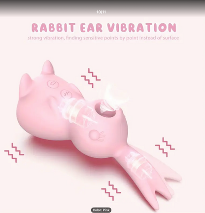 Pink rabbit ear vibration product on a light pink background with text.