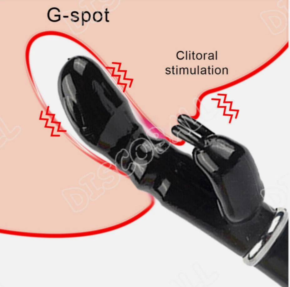 Diagram showing a black device labeled 'G-spot' and 'Clitoral stimulation' on a beige background.