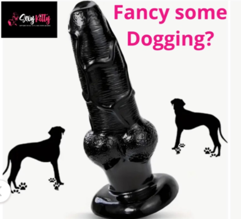 Black dog toy with text 'Fancy some Dogging?' and 'Savvy Kitty' logo on a white background.