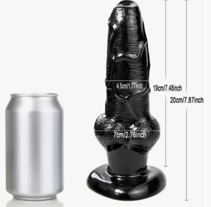 Black silicone butt plug with measurements relative to a can on a white background