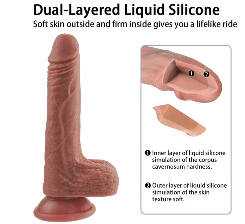 Dual-layered liquid silicone product with text explaining its design.