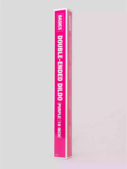 Pink packaging of a double-ended dildo on a gray background