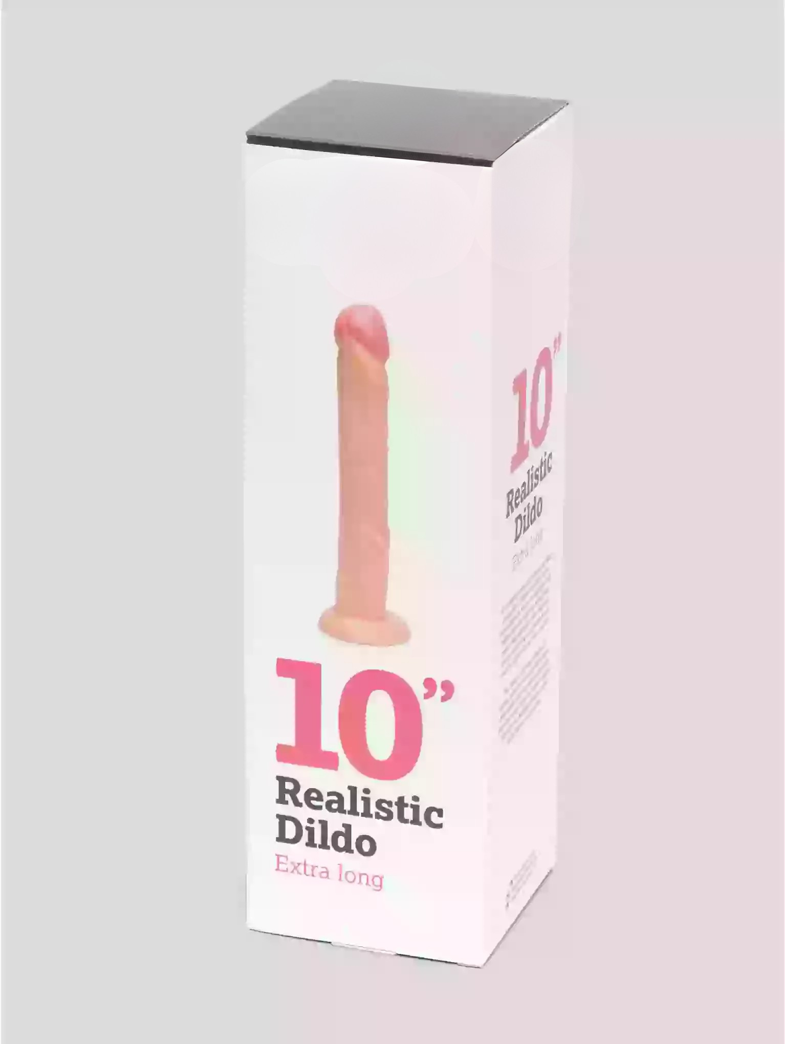 Box of a 10-inch realistic dildo on a light gray background