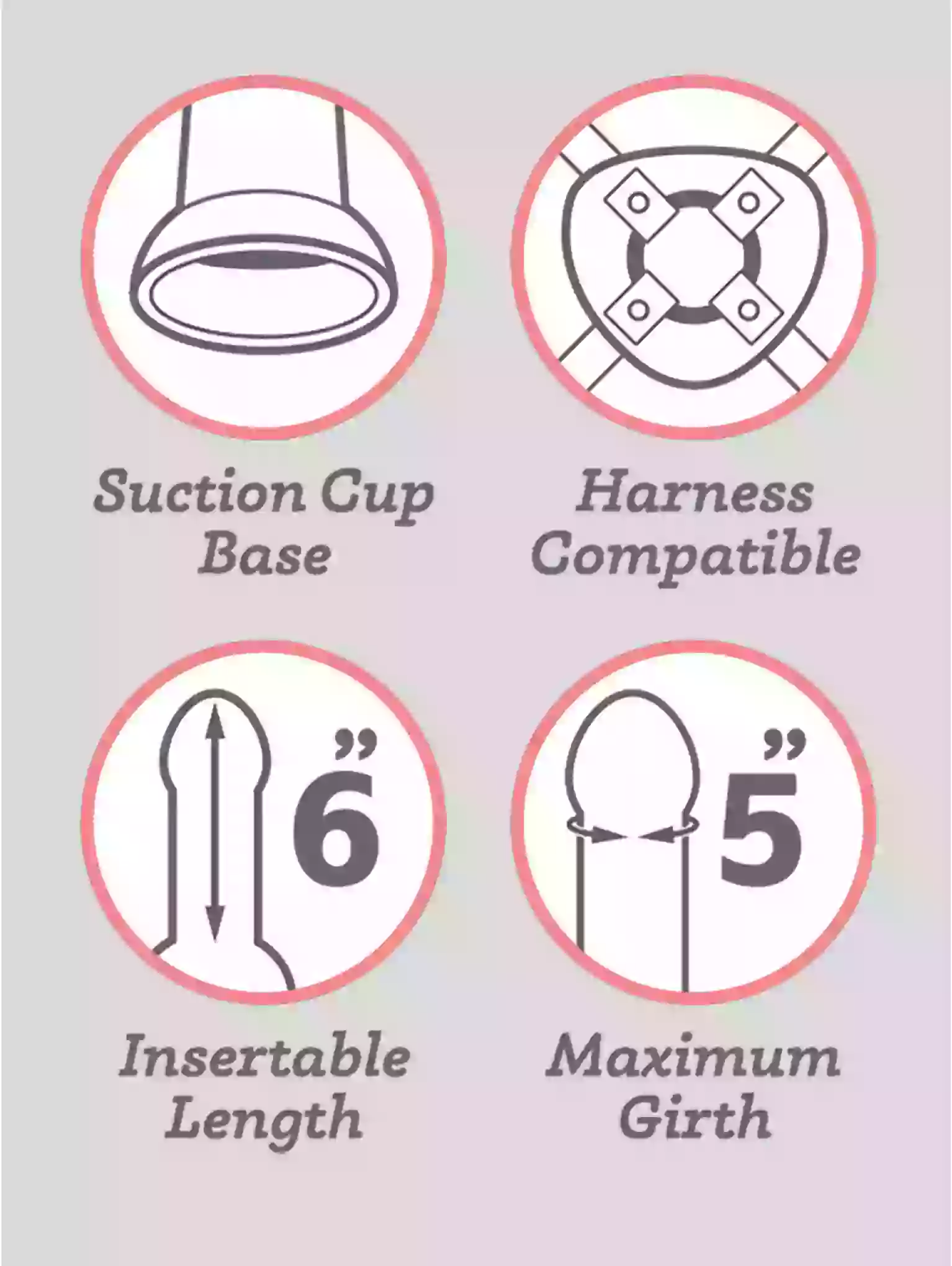 Product features including suction cup base, harness compatibility, insertable length, and maximum girth on a gradient background.