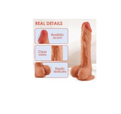 Product packaging with text 'Real Details' and images of a realistic acorn, clear veins, and elastic testicles.