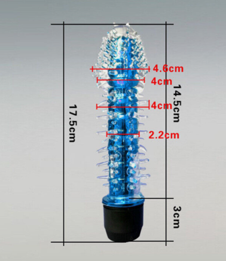 Blue cylindrical object with measurements on a gray background