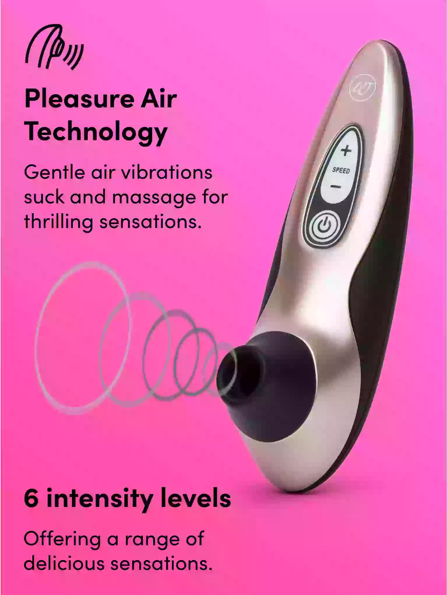 Pleasure air technology device on a pink background with text about gentle air vibrations and intensity levels.