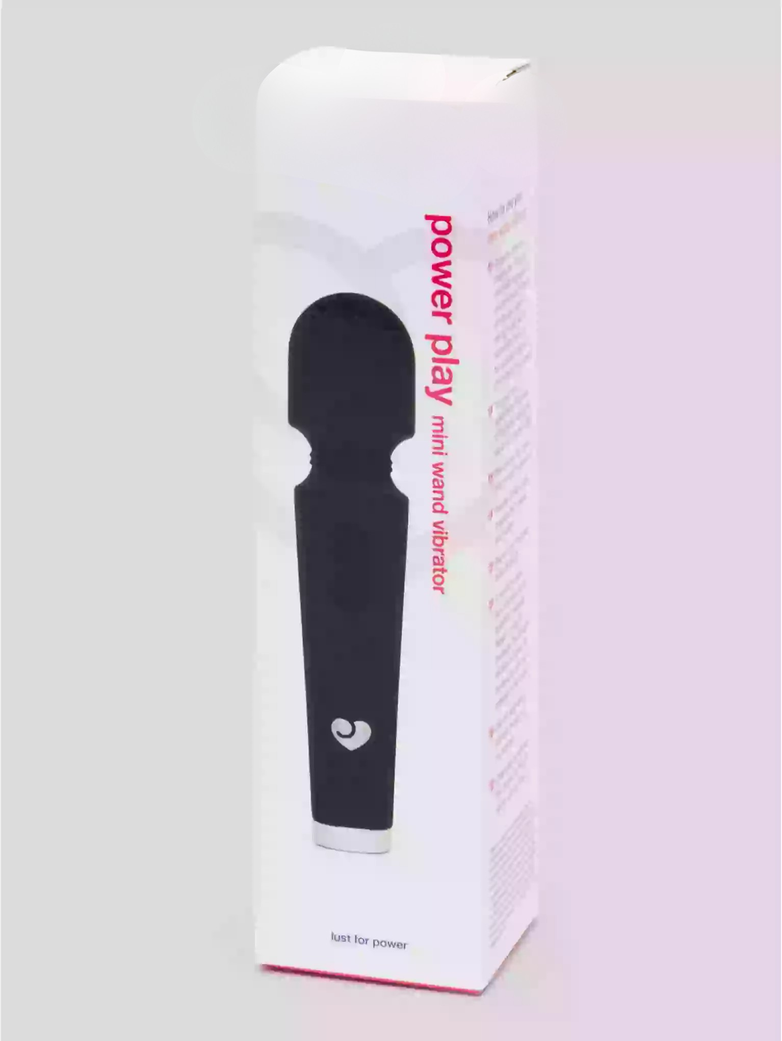 Black handheld vibrator with 'power play' branding on a white box against a light gray background