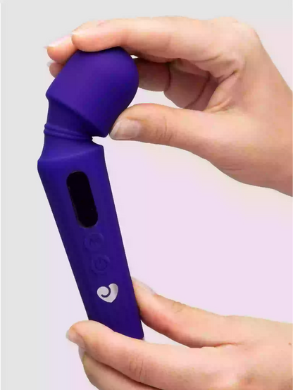 Purple handheld device with a brand logo held by a hand against a light gray background