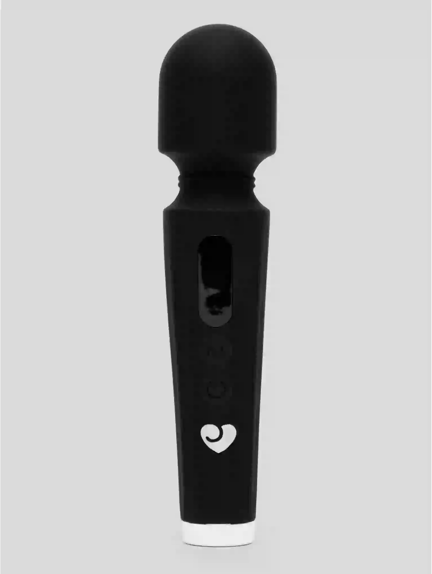 Black electronic device with a white logo on a gray background