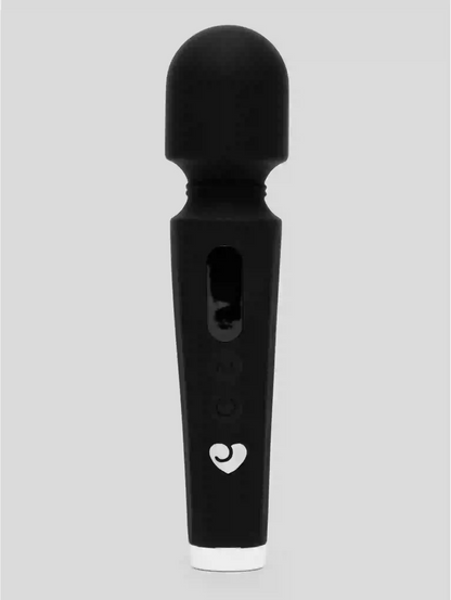Black electronic device with a white logo on a gray background