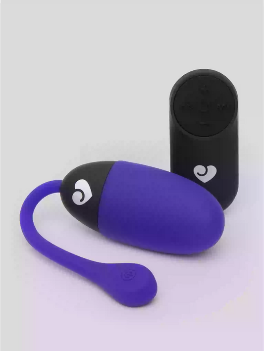 Purple and black device with a heart logo on a light gray background