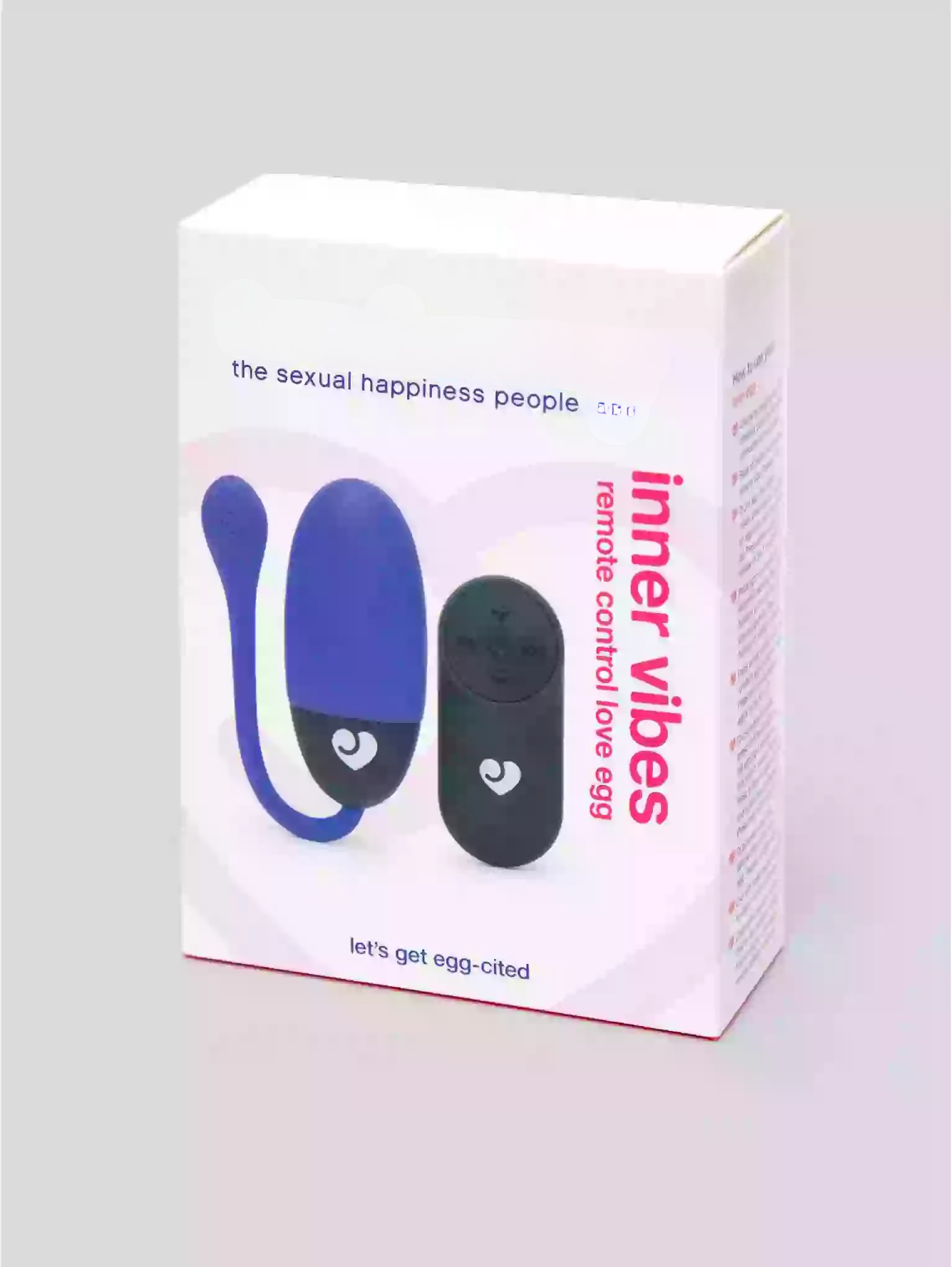 Box of 'inner vibes' remote control love egg on a gray background