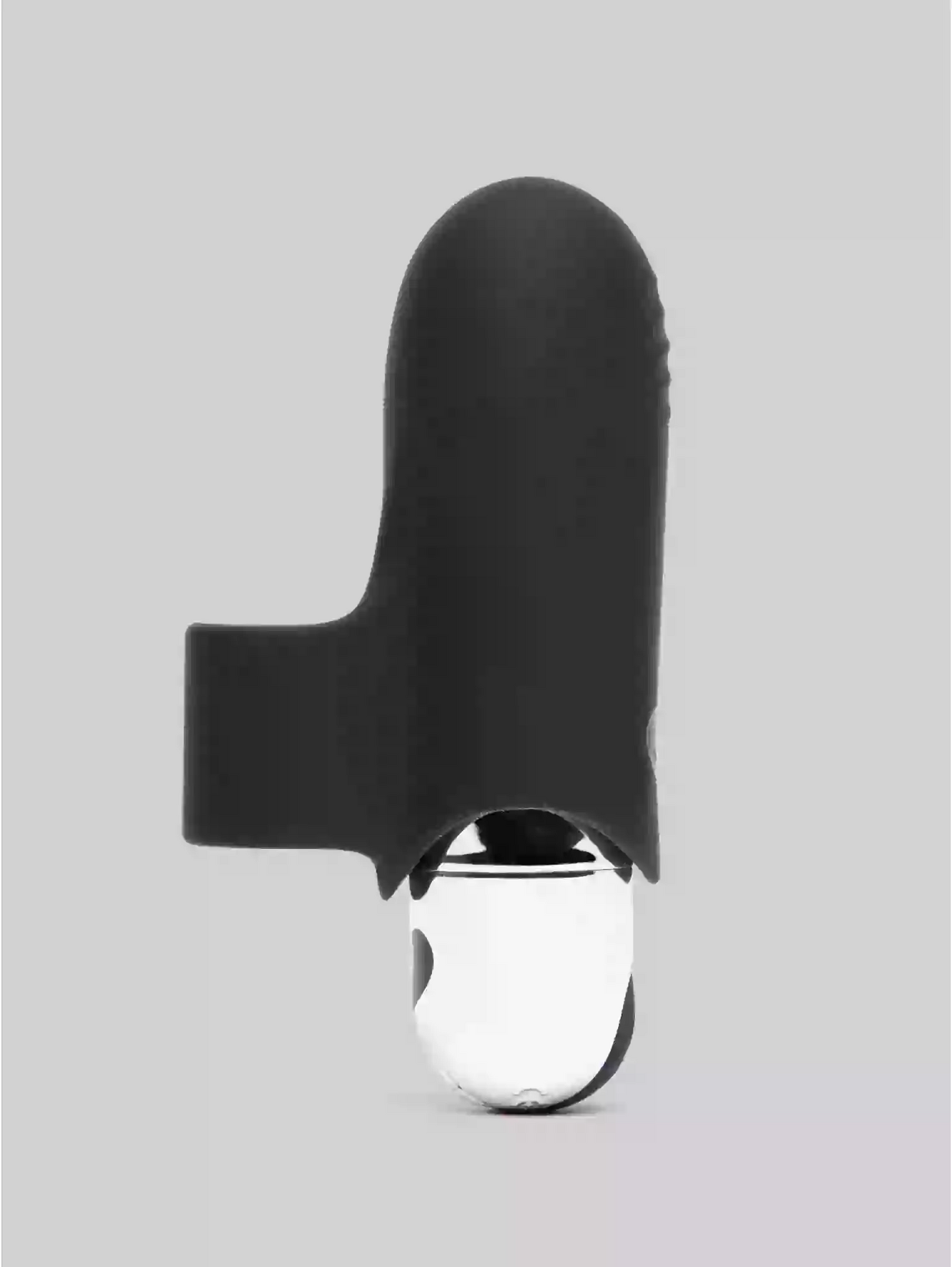 Black silicone butt plug with a metallic ring on a gray background