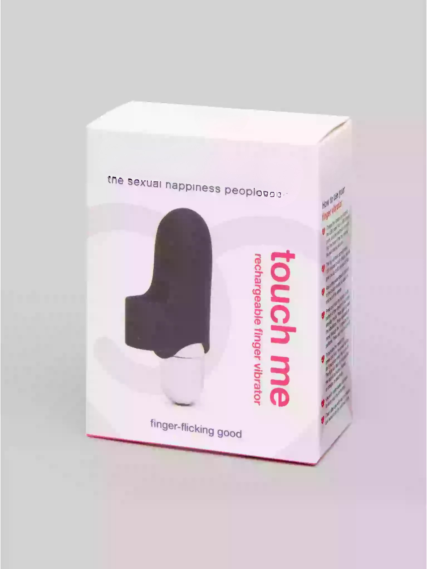 Box of a finger vibrator with text on a gray background