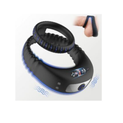 Black and blue dog leash with a holder on a white background