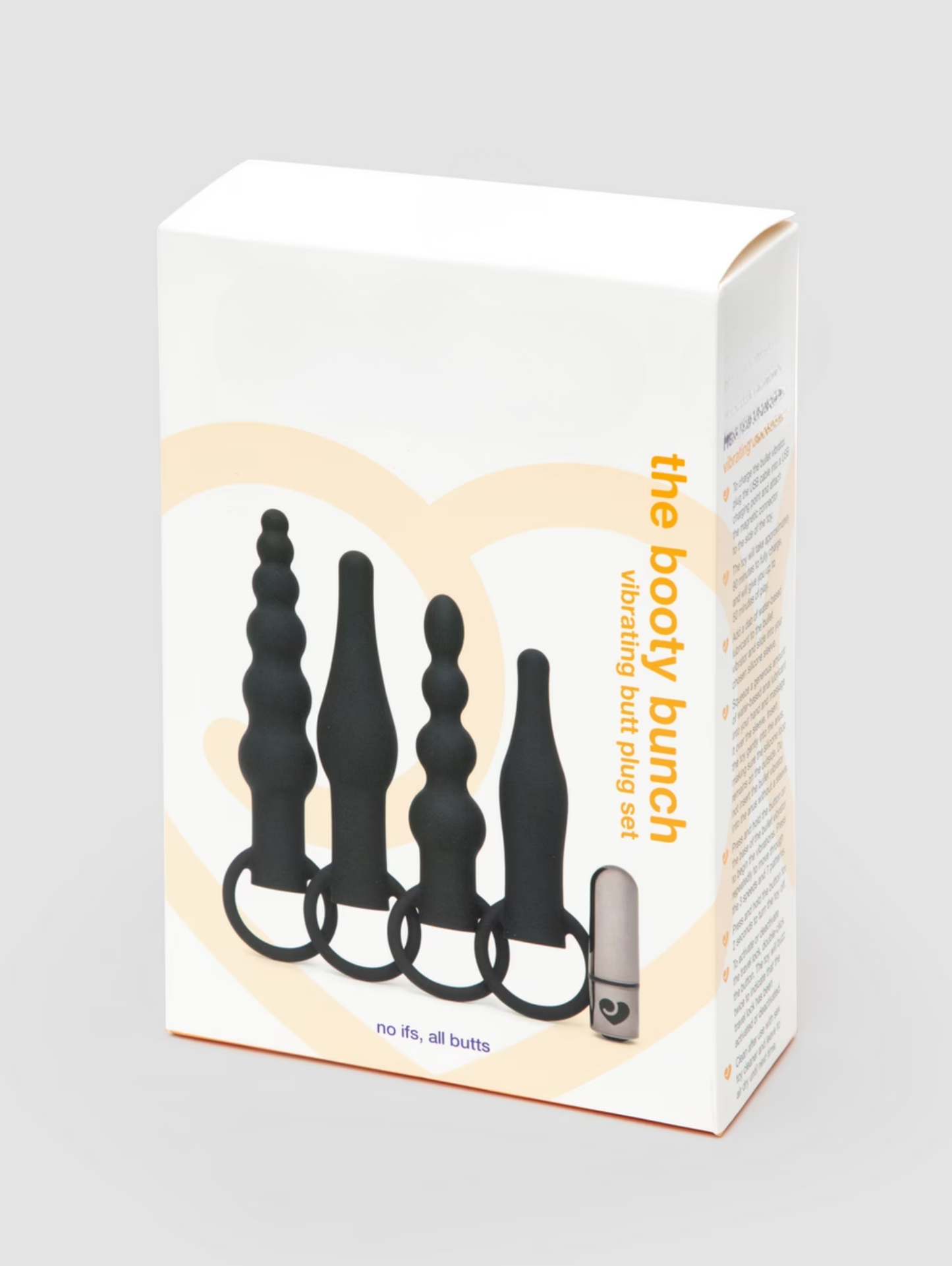 Box of 'the booty bunch' product with black butt plugs on a gray background