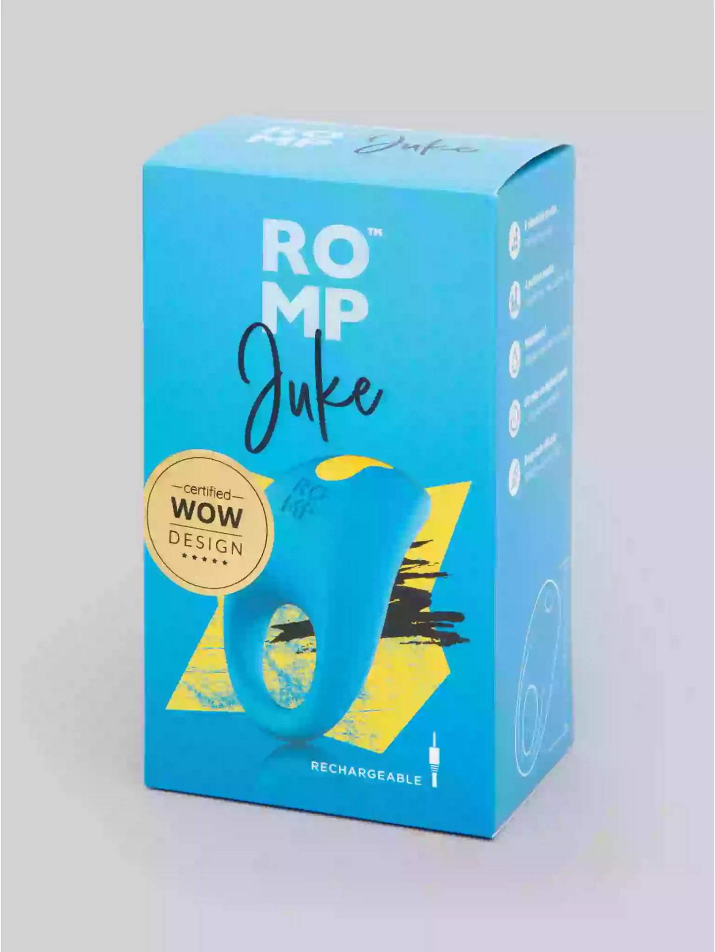 Blue packaging of ROMP Juke with a yellow design on a gray background